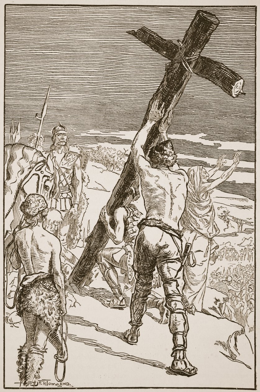 Oswald erigindo a cruz, ilustração de "a Igreja da Inglaterra: uma história para o povo" por HDM Spence-Jones, pub. c.1910 (foto sépia) de Frederick Henry Townsend