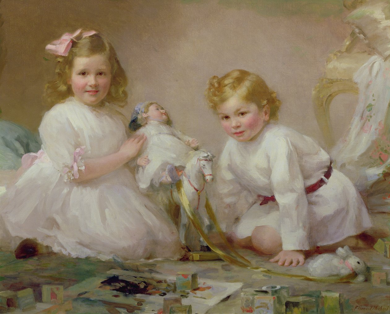 Irmão e irmã brincando, 1915 de Frederick Howard Michael