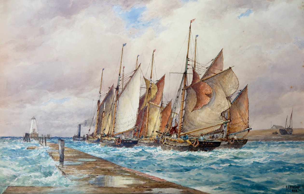 Porto de Rye, Sussex: A partida da frota de pesca (aguarela) de Frederick James Aldridge