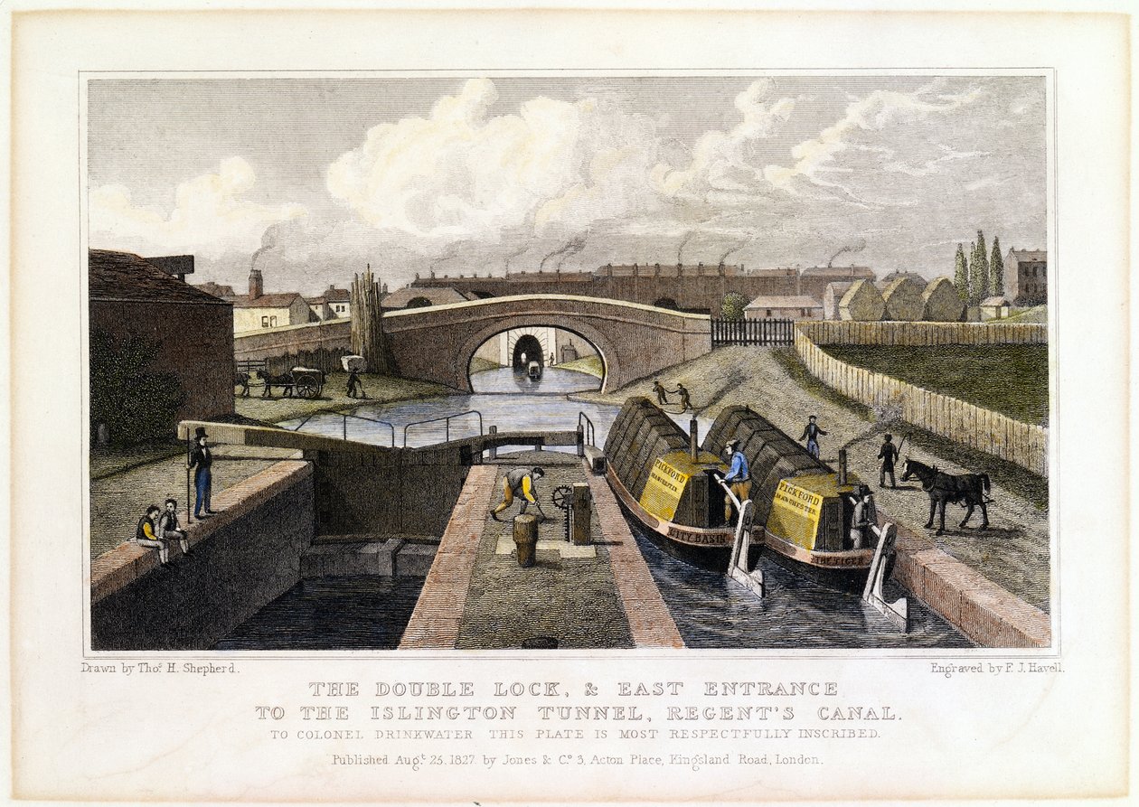 O bloqueio duplo e a entrada leste do túnel de Islington, Regents Canal, 1827 de Frederick James Havell
