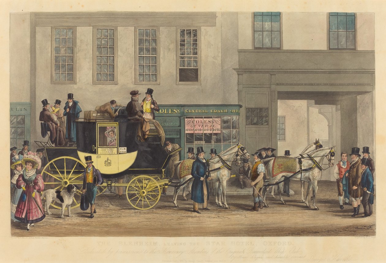 O Blenheim, deixando o Star Hotel, Oxford de Frederick James Havell after George Havell