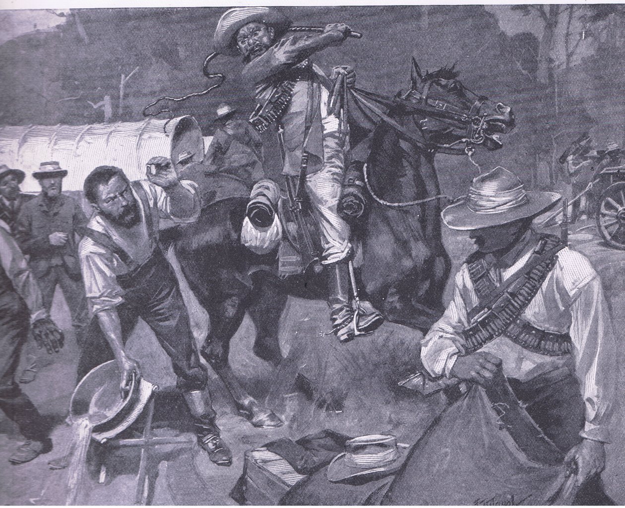 Tratamento bôer dos enviados da paz: A flagelação de Margendaal, de After Pretoria: The War Guerilla publicado por Harmsworth Bros Limited, 1901 de Frederick Judd Waugh