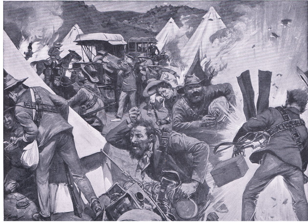 Boers saqueando o acampamento britânico no Nooitgedacht sob fogo de artilharia, de After Pretoria: The War Guerilla publicado pela Harmsworth Bros Limited, 1901 de Frederick Judd Waugh