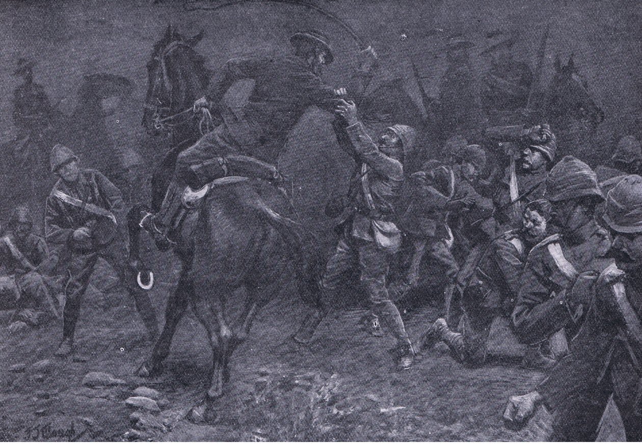 Major Boole-Smith aborda De Wet, de After Pretoria: A Guerra de Guerrilha publicada por Harmsworth Bros Limited, 1901 de Frederick Judd Waugh
