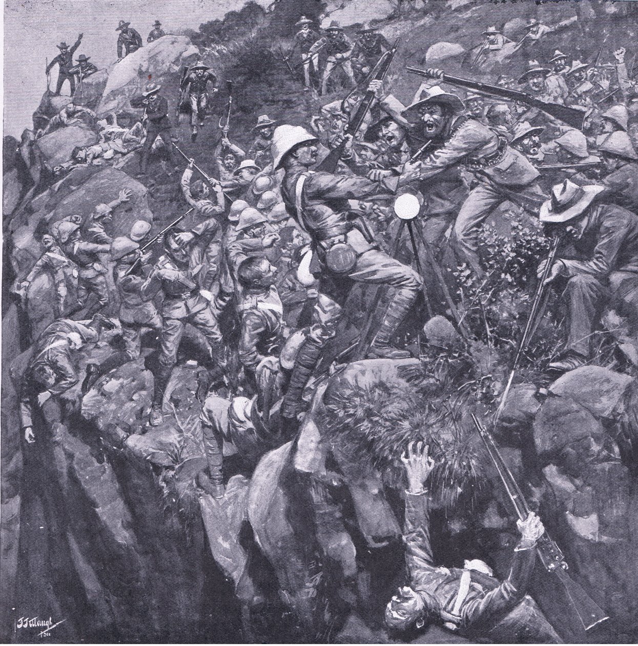 O desastre no Nooitgeddacht: O fim de um bravo sinalizador, de After Pretoria: The Guerilla War publicado por Harmsworth Bros Limited, 1901 de Frederick Judd Waugh