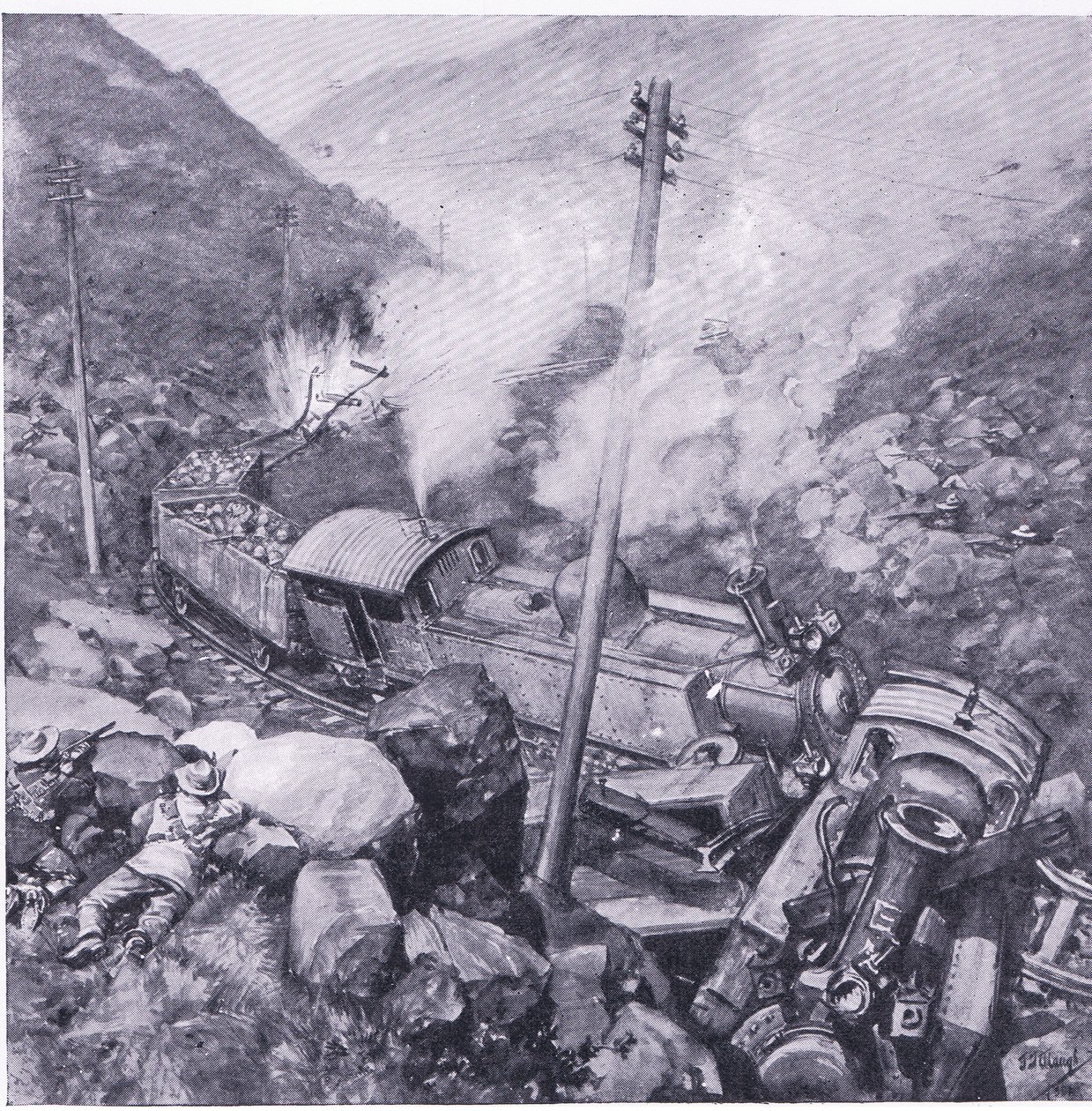 A destruição de um trem blindado perto de Vlakfontein, ilustração deAposta Pretoria: A guerra de guerrilha, 1902 de Frederick Judd Waugh