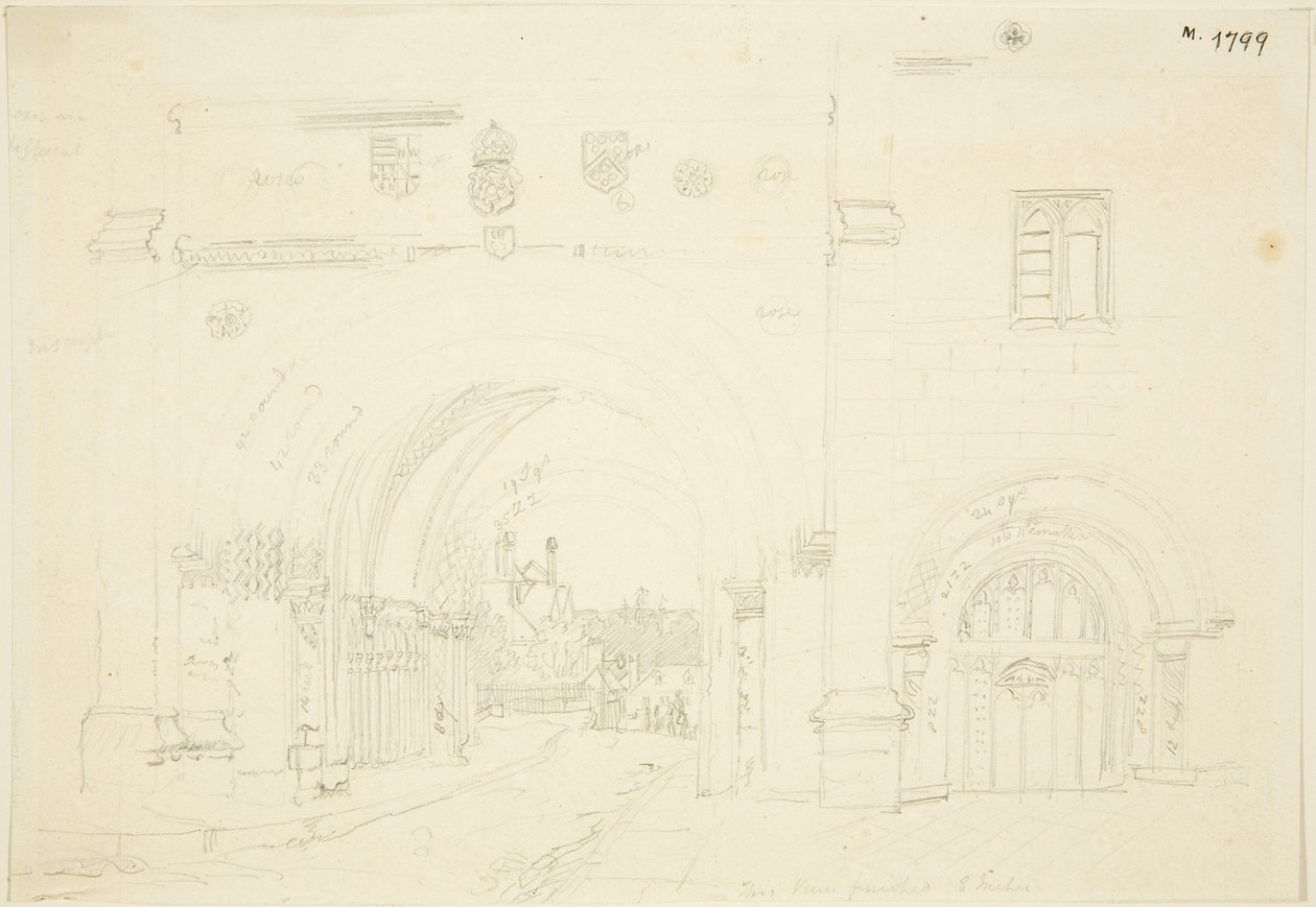 Abbey Gatehouse of Bristol Cathedral, Looking South (lápis sobre papel) de Frederick Mackenzie