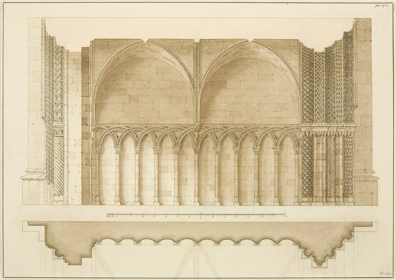 Portão do Colégio, secção e plano (lápis e aguarela sobre papel) de Frederick Mackenzie
