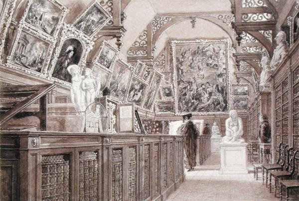 Interior da Antiga Escola Perseana, com uma selecção do legado do Senhor Fitzwilliam (lápis, escova e lavagem em papel) de Frederick Mackenzie