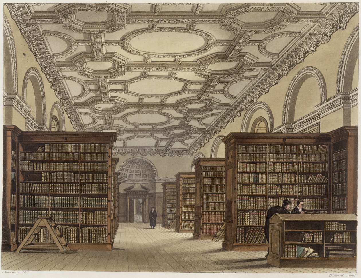 Interior da Biblioteca Pública, Cambridge, de "A História de Cambridge", gravado por Daniel Havell (1785-1826), pub. por R. Ackermann, 1815 (cor aquatint) de Frederick Mackenzie