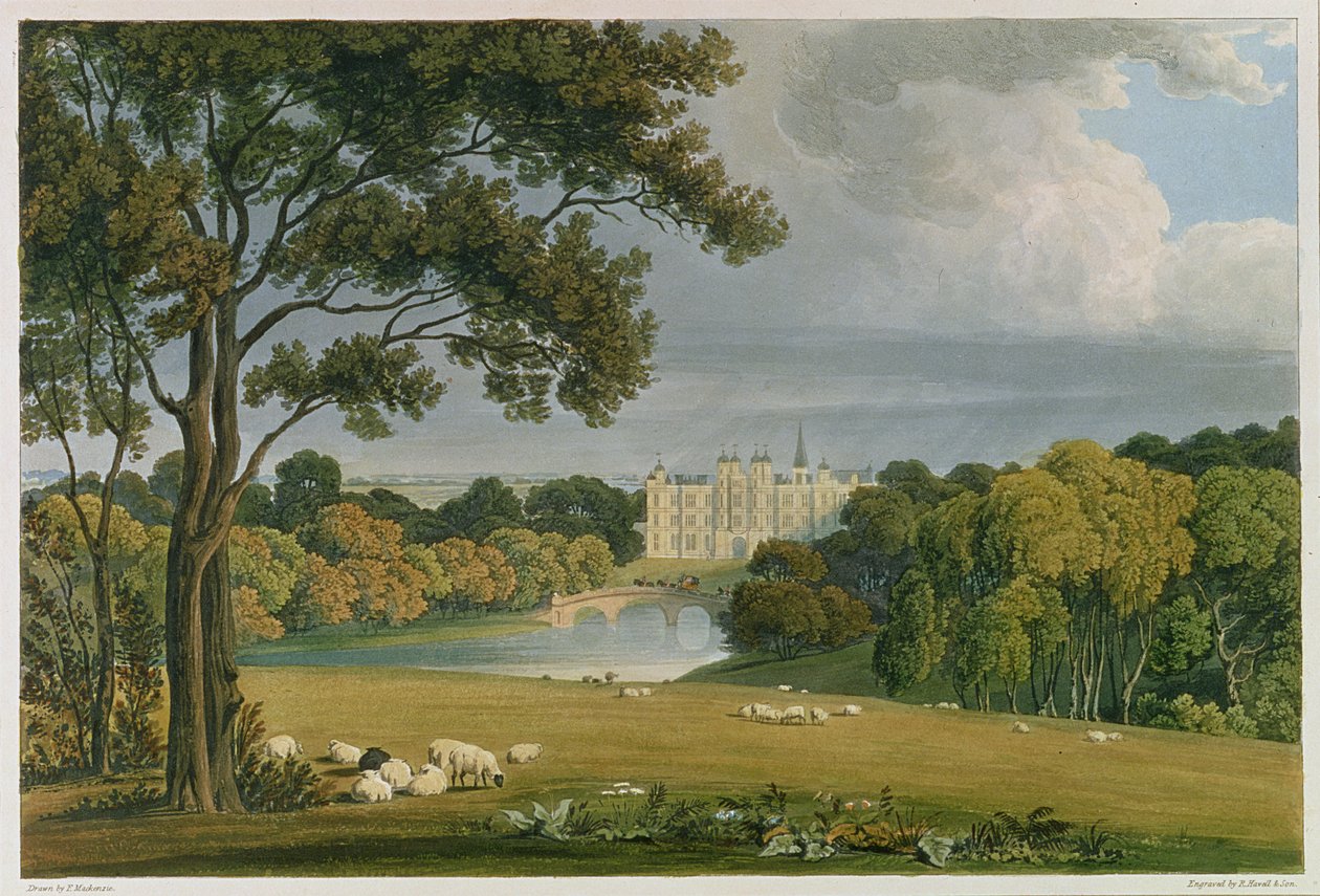 Vista da Casa Burghley, sede do Marquês de Exeter, gravado e publicado por Robert Havell (1769-1832), 1819 (gravura a cores) de Frederick Mackenzie