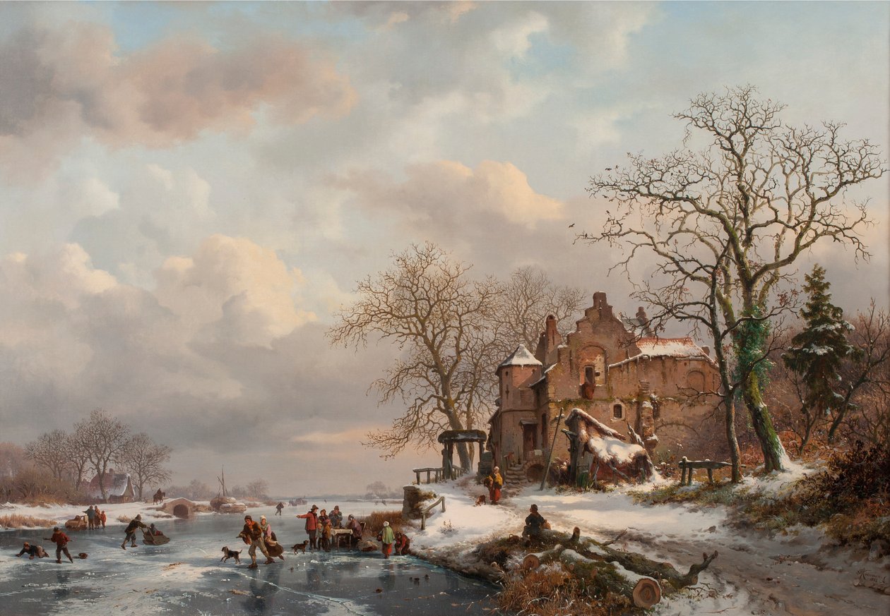 Uma paisagem de inverno com patinadores em um rio congelado, 1862 de Frederick Marianus Kruseman