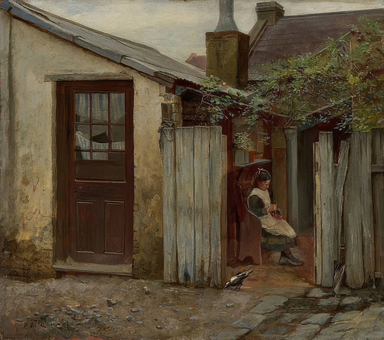 Menina com pássaro em frente à padaria King Street. 1886 de Frederick McCubbin