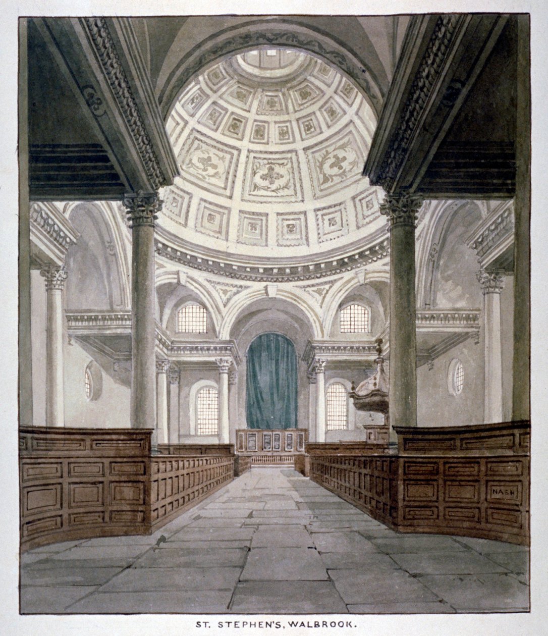Igreja de St Stephen Walbrook, cidade de Londres, c1840. de Frederick Nash