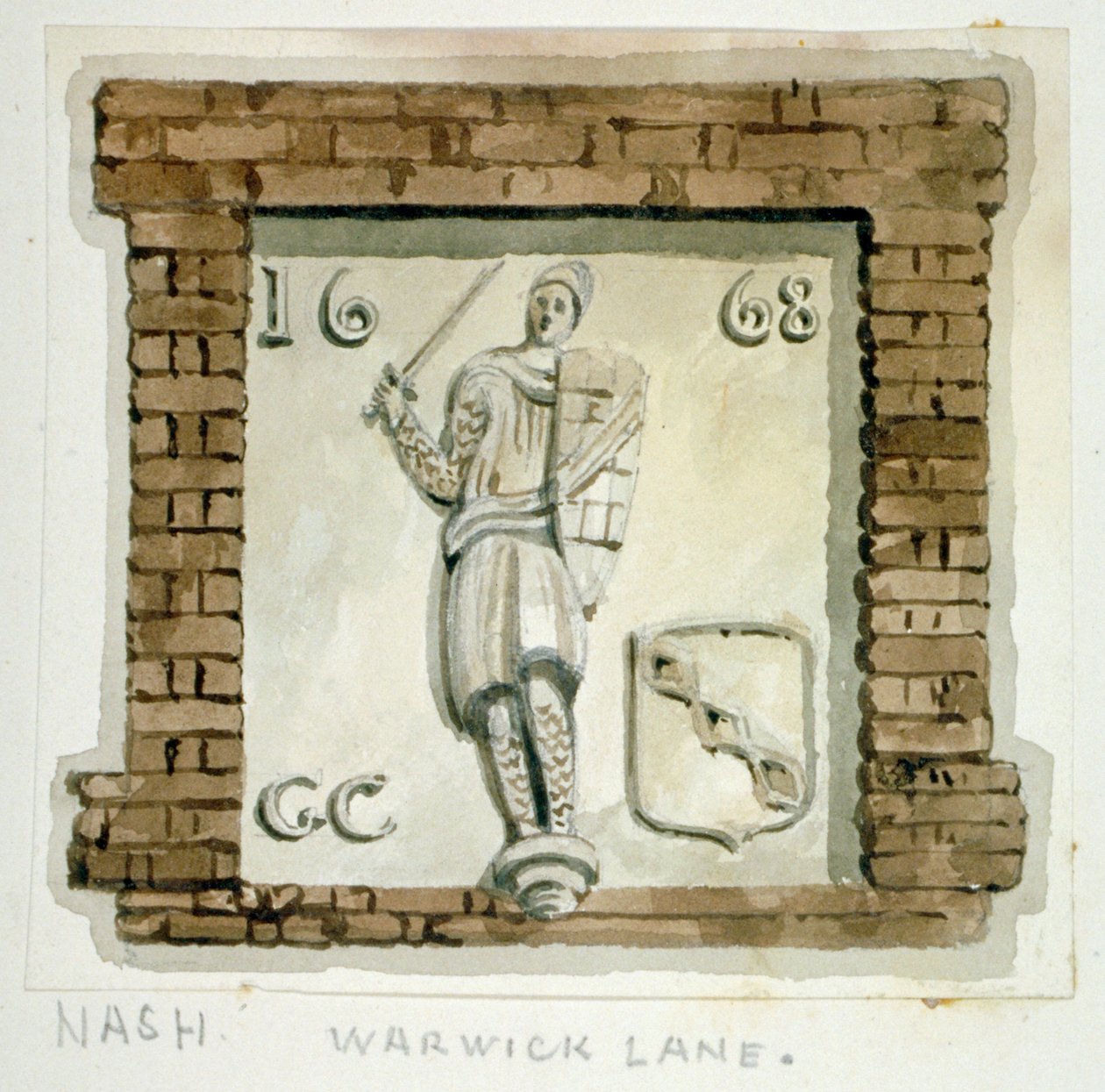 Efígie de Guy, Conde de Warwick, na parede de uma casa em Warwick Lane, City of London, c1820. de Frederick Nash