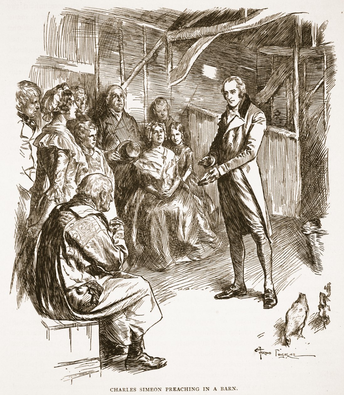 Charles Simeon pregando em um celeiro, ilustração de "A Igreja da Inglaterra: uma história para o povo" por HDM Spence-Jones, pub. c.1910 (foto sépia) de Frederick Pegram