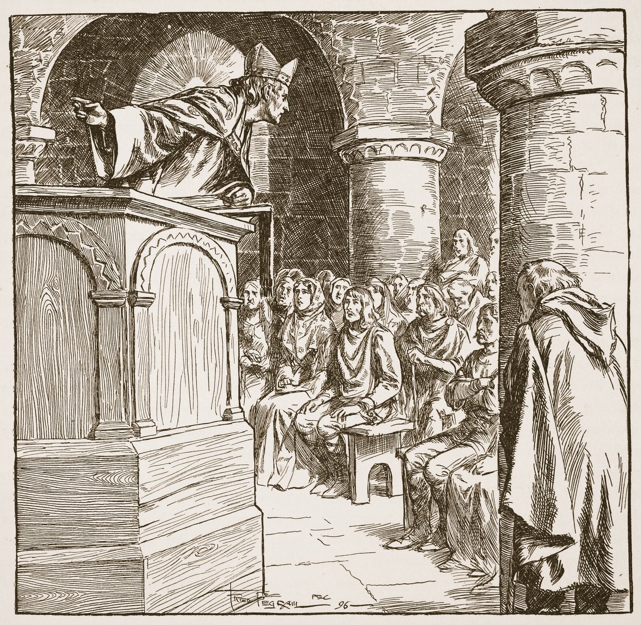 Último sermão de Dunstan, ilustração de "A Igreja da Inglaterra: Uma História para o Povo" de HDM Spence-Jones, pub. c.1910 (foto sépia) de Frederick Pegram