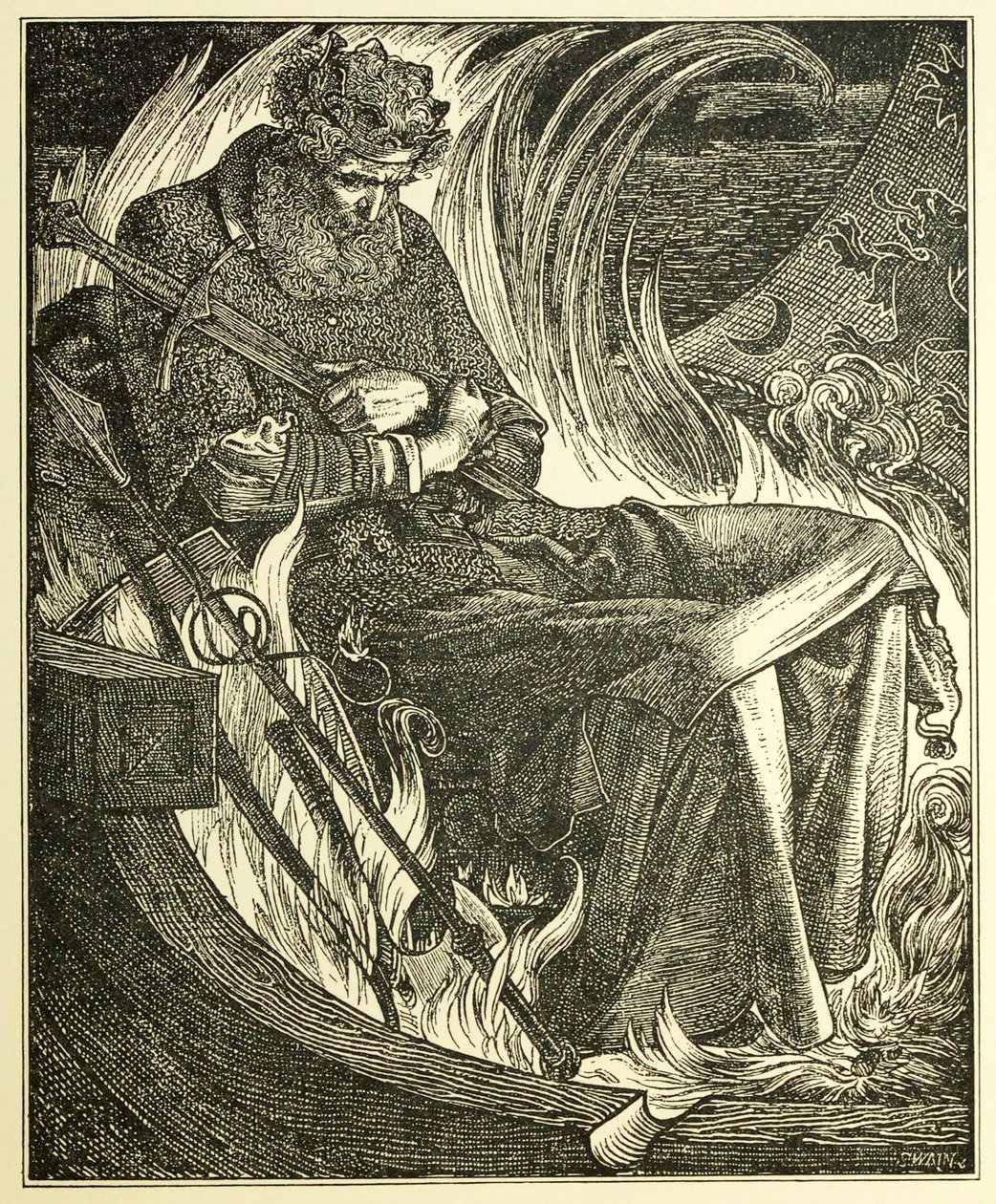 Morte do Rei Warwulf, pub. gravura de 1915, 1915. de Frederick Sandys