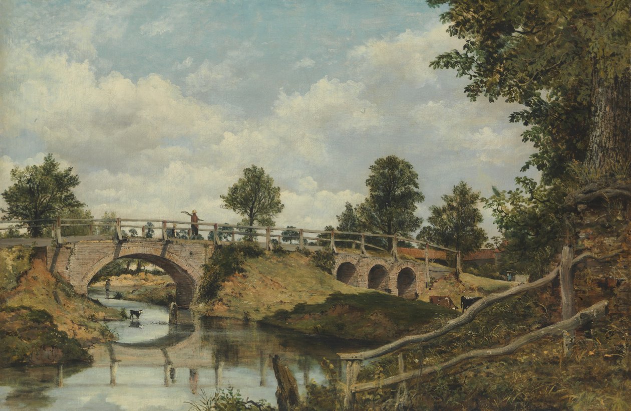 Uma ponte velha em Hendon, Middlesex, ca. 1828. de Frederick W Watts