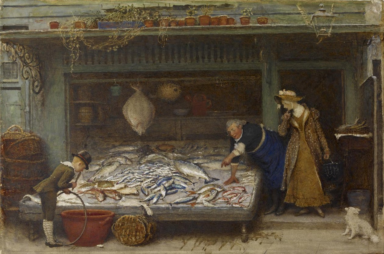 Uma loja de peixarias, 1873 (wc no papel) de Frederick Walker
