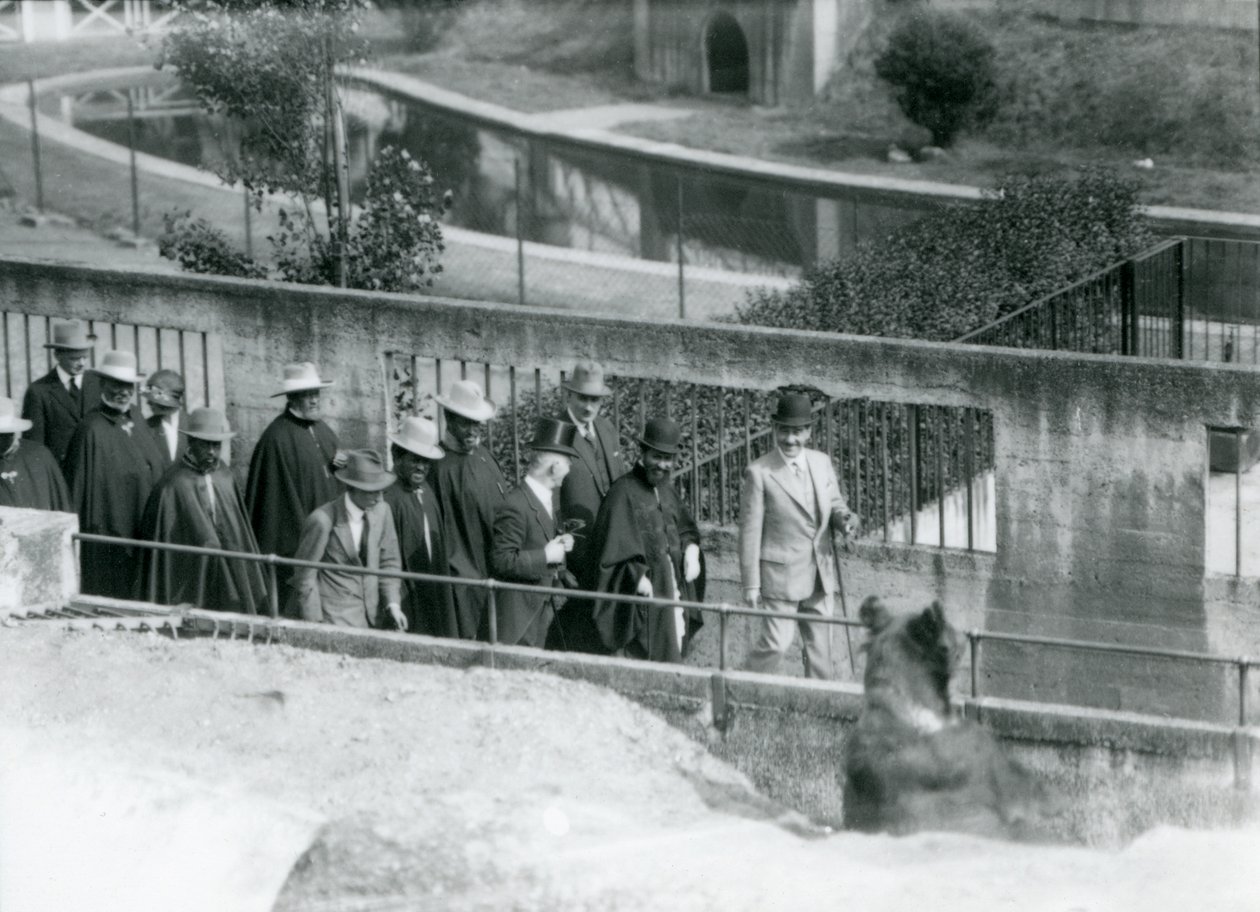 Sir Peter Chalmers Mitchell, com o regente etíope Haile Selassie e sua comitiva, vendo um urso pardo no Mappin Terraces, London Zoo, 1924 de Frederick William Bond