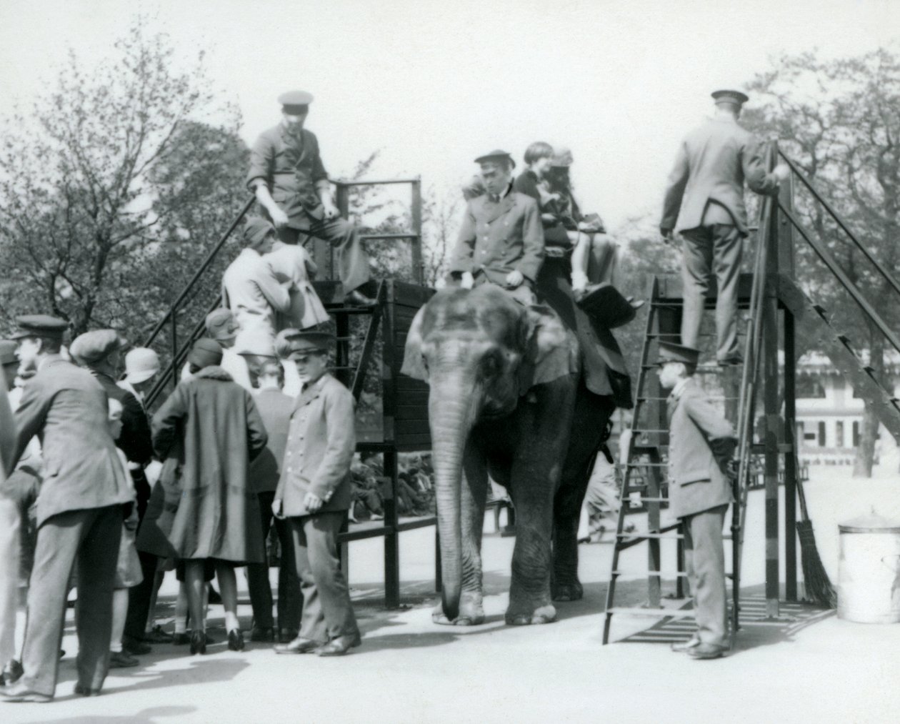 Visitantes fazem fila para um passeio de elefante enquanto outros embarcam, com a ajuda de cinco guardiões, o zoológico de Londres, 1927 de Frederick William Bond