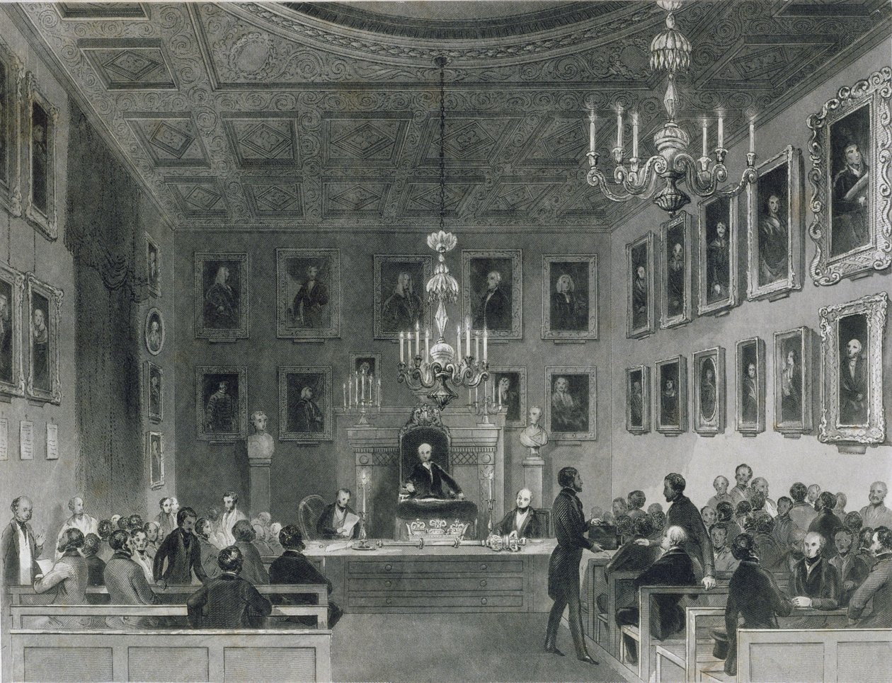 Vista do Interior da Somerset House, mostrando uma reunião da Royal Antiquarian Society, c.1840 de Frederick William Fairholt