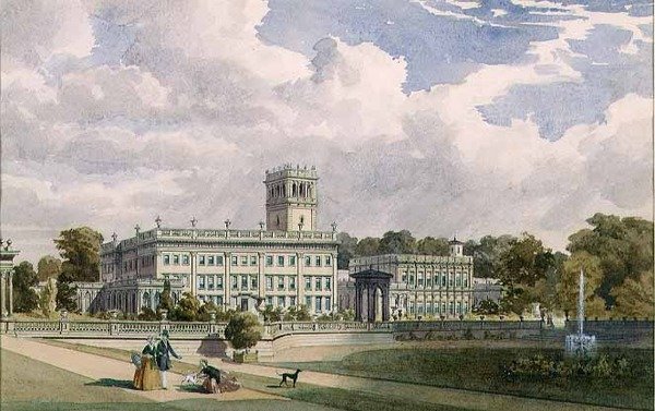 Uma Vista da Casa e Jardins em Trentham, Staffs (lápis e aguarela) de Frederick William Hulme