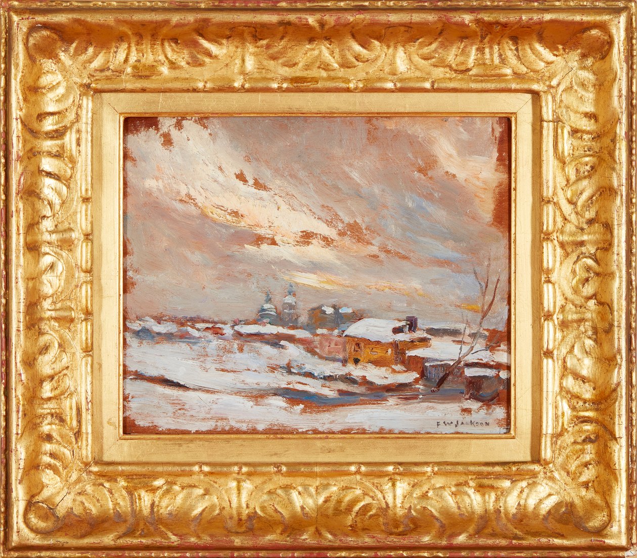 Uma paisagem de inverno com cúpulas distantes, Rússia (óleo sobre painel) de Frederick William Jackson