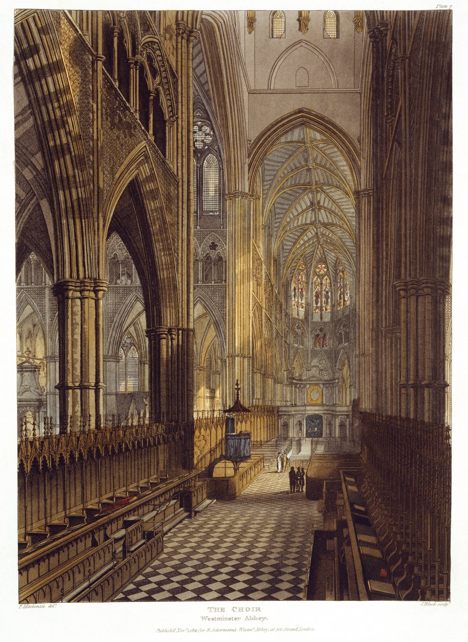 O coro, placa 7 da Abadia de Westminster, gravada por J. Bluck (fl.1791-1831) pub. por Rudolph Ackermann (1764-1834) 1811 (aquatinta) de Frederick after Mackenzie