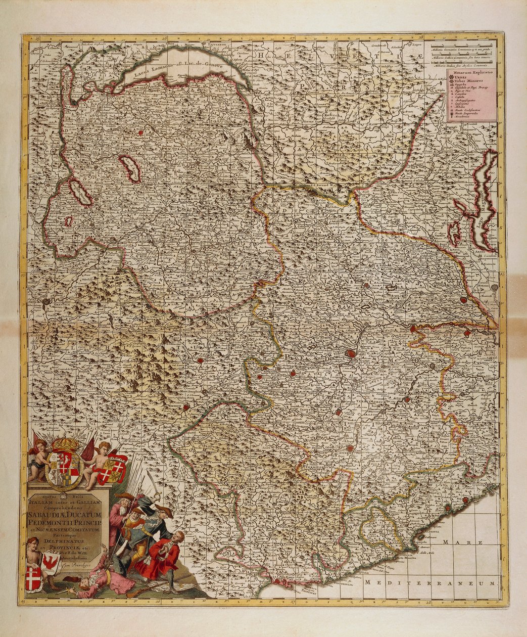 Mapa das regiões alpina e transalpina francesa, suíça e italiana e da Ligúria Ocidental, Mapa de Frederik de Wit do Atlas Sive Descriptio Terrarum Orbis de Frederick de Wit
