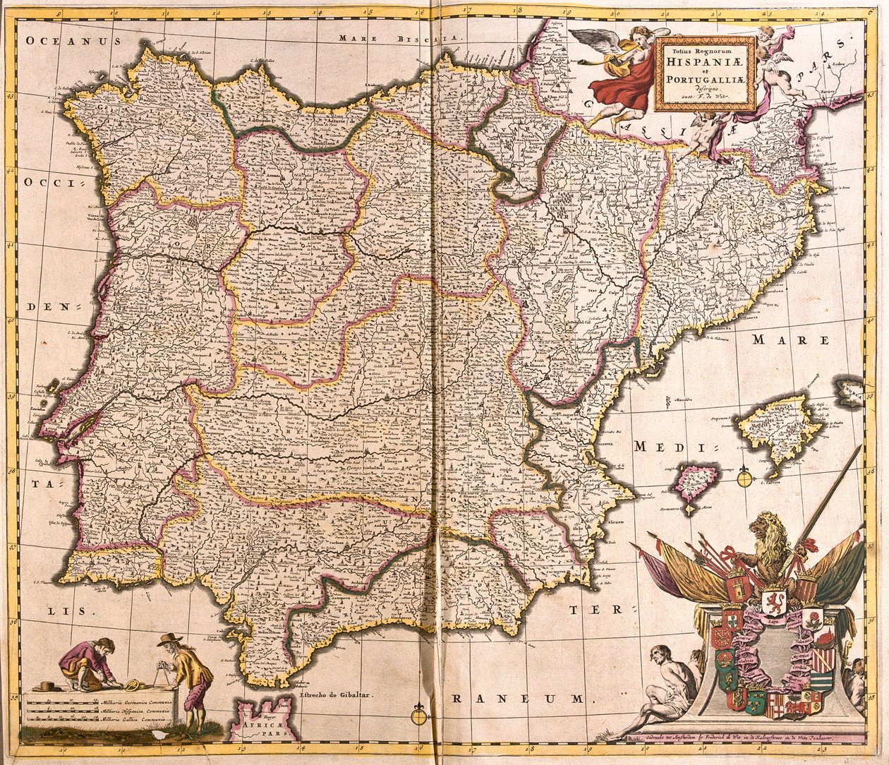 Mapa da Península Ibérica, Espanha e Portugal (gravura de Frederick de Wit