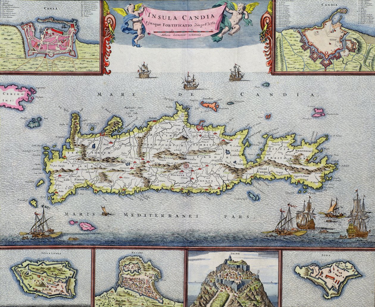 Mapa da ilha de Candia (Creta) com o porto marítimo de Herakleion, c.1680 de Frederick de Wit
