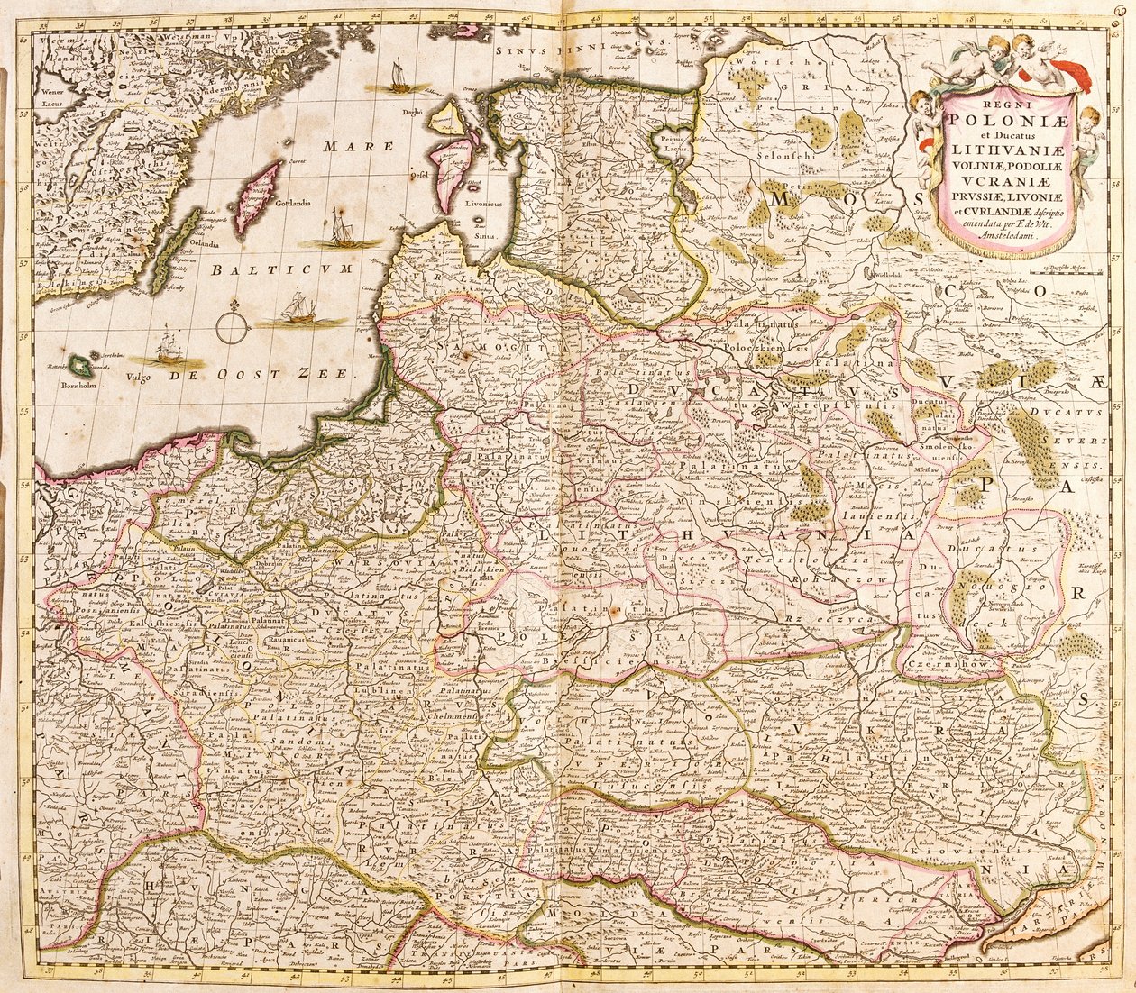 Mapa do Reino da Polónia, Duques da Lituânia e Livónia (Letónia) (Países Bálticos) e Ucrânia (gravura de Frederick de Wit