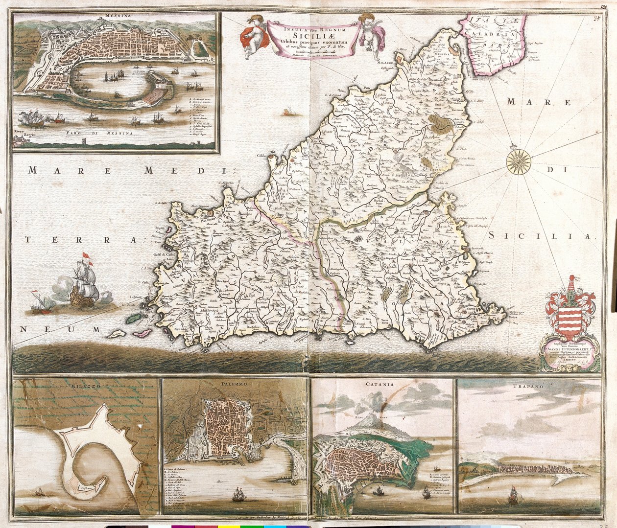Mapa do Reino da Sicília (Itália), com vistas das cidades de Messina, Milazzo, Palermo, Catania e Trapano (gravura de Frederick de Wit