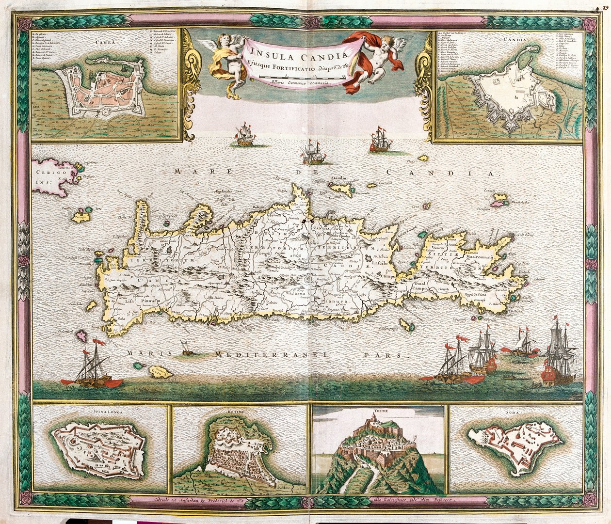 Mapa da ilha de Creta, com vista para as cidades fortificadas de La Cane e Heraklion e as fortalezas de Spinalonga, Retino, Thine e Souda (gravura de Frederick de Wit