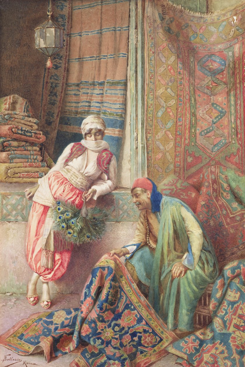 Negociação com o vendedor de tapetes, c.1875 (wc no papel) de Frederico Ballesio