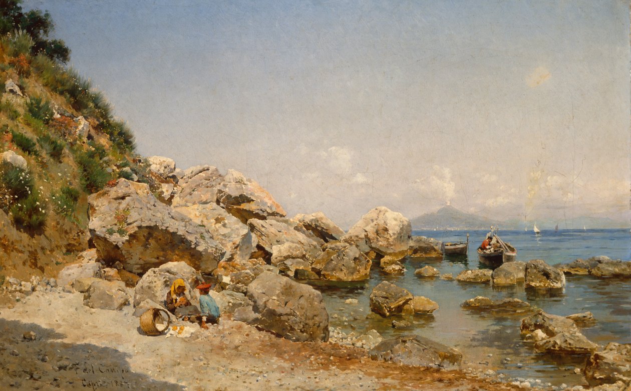 Na praia, Capri com o Vesúvio ao fundo de Frederico del Campo