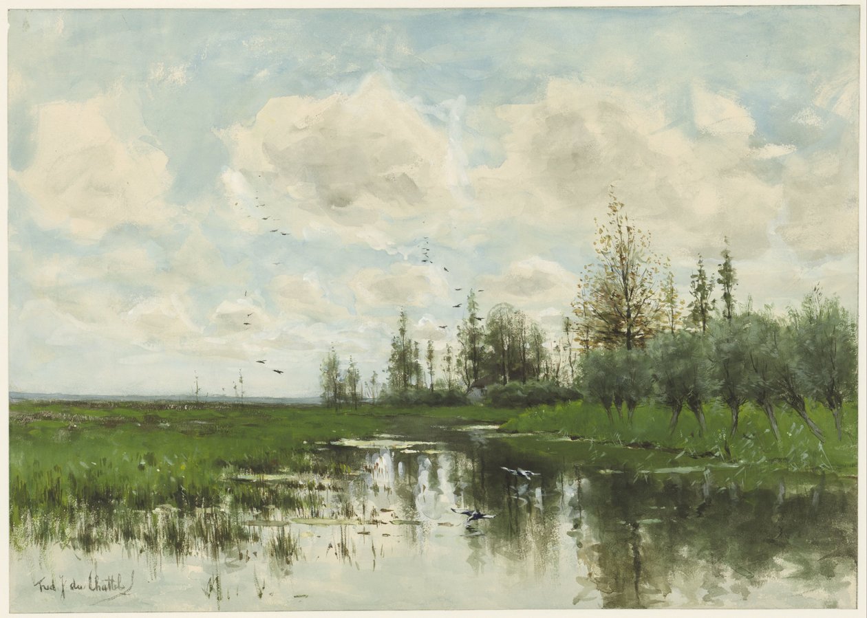Piscina com árvores e prado de Fredericus Jacobus van Rossum du Chattel