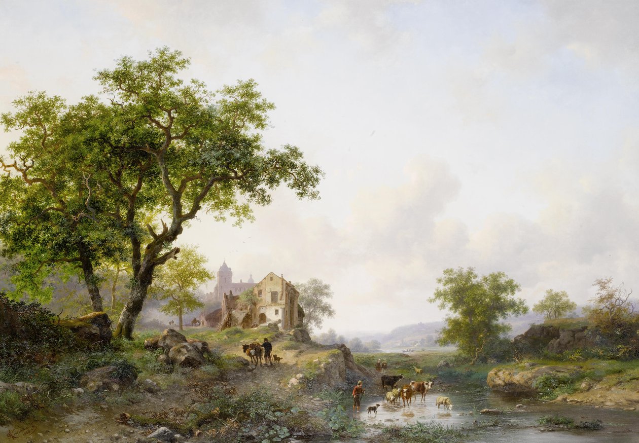 Paisagem de verão com gado perto de um rio de Frederick Marianus Kruseman