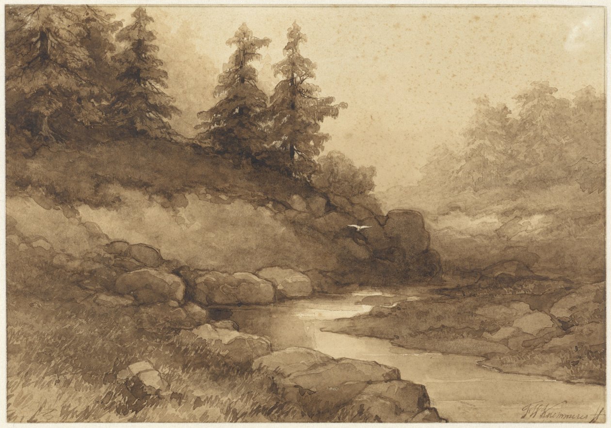 Paisagem montanhosa com um rio de Frederik Hendrik Kaemmerer