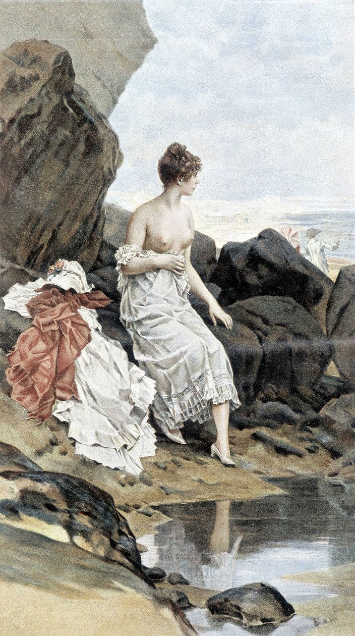 Mulher à beira-mar a tomar banho escondida - alegoria do verão, calendário ilustrado por Hubert Dys, pintado por F.H. Kaemmerer de Frederik Hendrik Kaemmerer