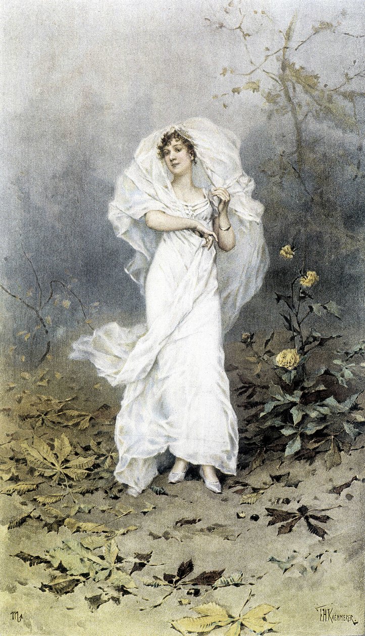 Mulher na Floresta - Alegoria do Outono, Calendário ilustrado por Hubert Dys, pintado por F.H. Kaemmerer de Frederik Hendrik Kaemmerer