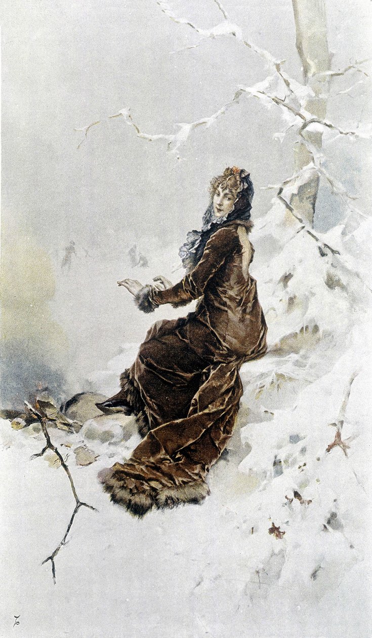 A mulher na neve: Alegoria do Inverno, Calendário ilustrado por Hubert Dys, pintado por F.H. Kaemmerer de Frederik Hendrik Kaemmerer