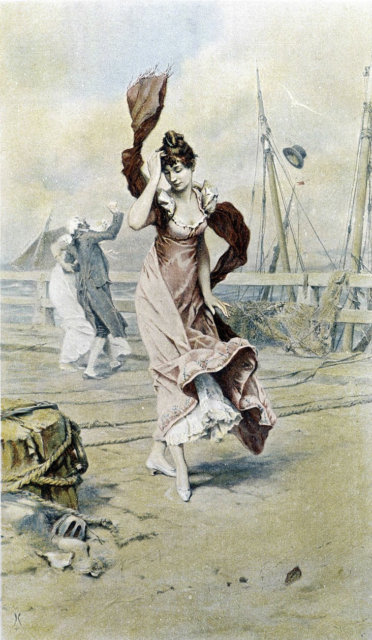 Mulher à beira-mar - alegoria do início da primavera, calendário ilustrado por Hubert Dys, pintado por F.H. Kaemmerer de Frederik Hendrik Kaemmerer