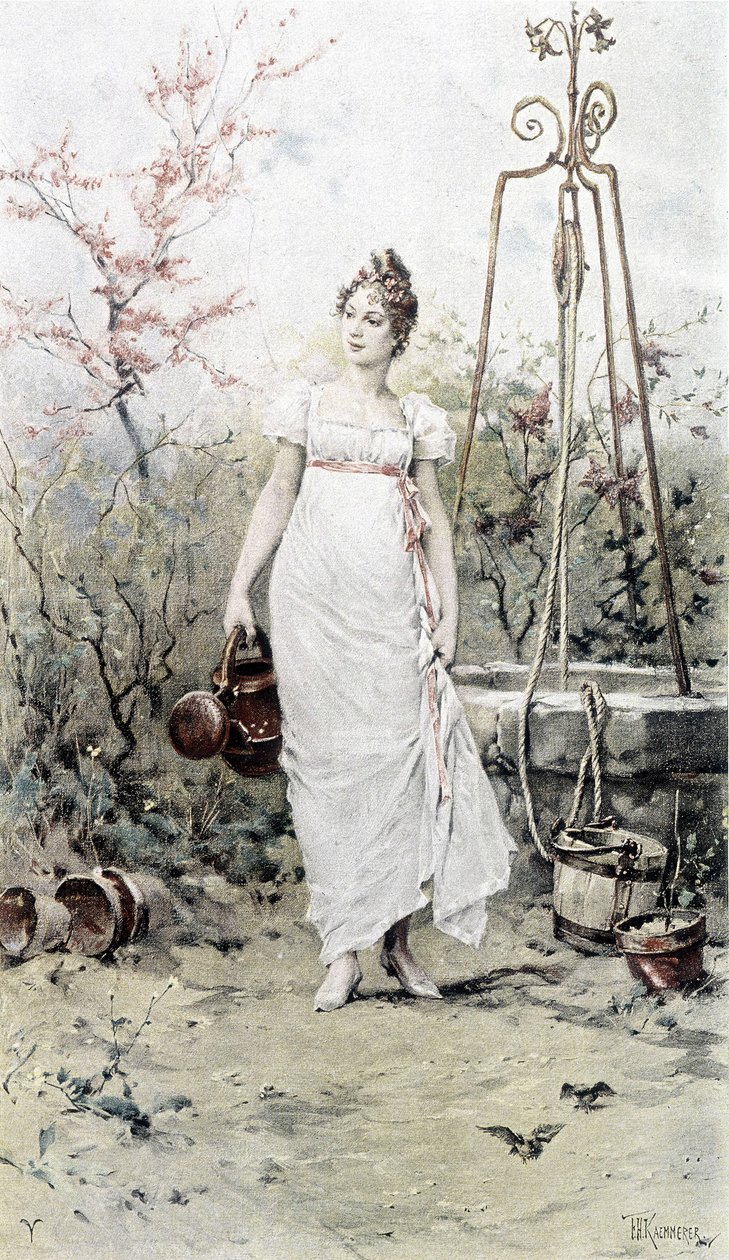 Mulher que regressa de um poço - alegoria da Primavera, calendário ilustrado por Hubert Dys, pintado por F.H. Kaemmerer de Frederik Hendrik Kaemmerer