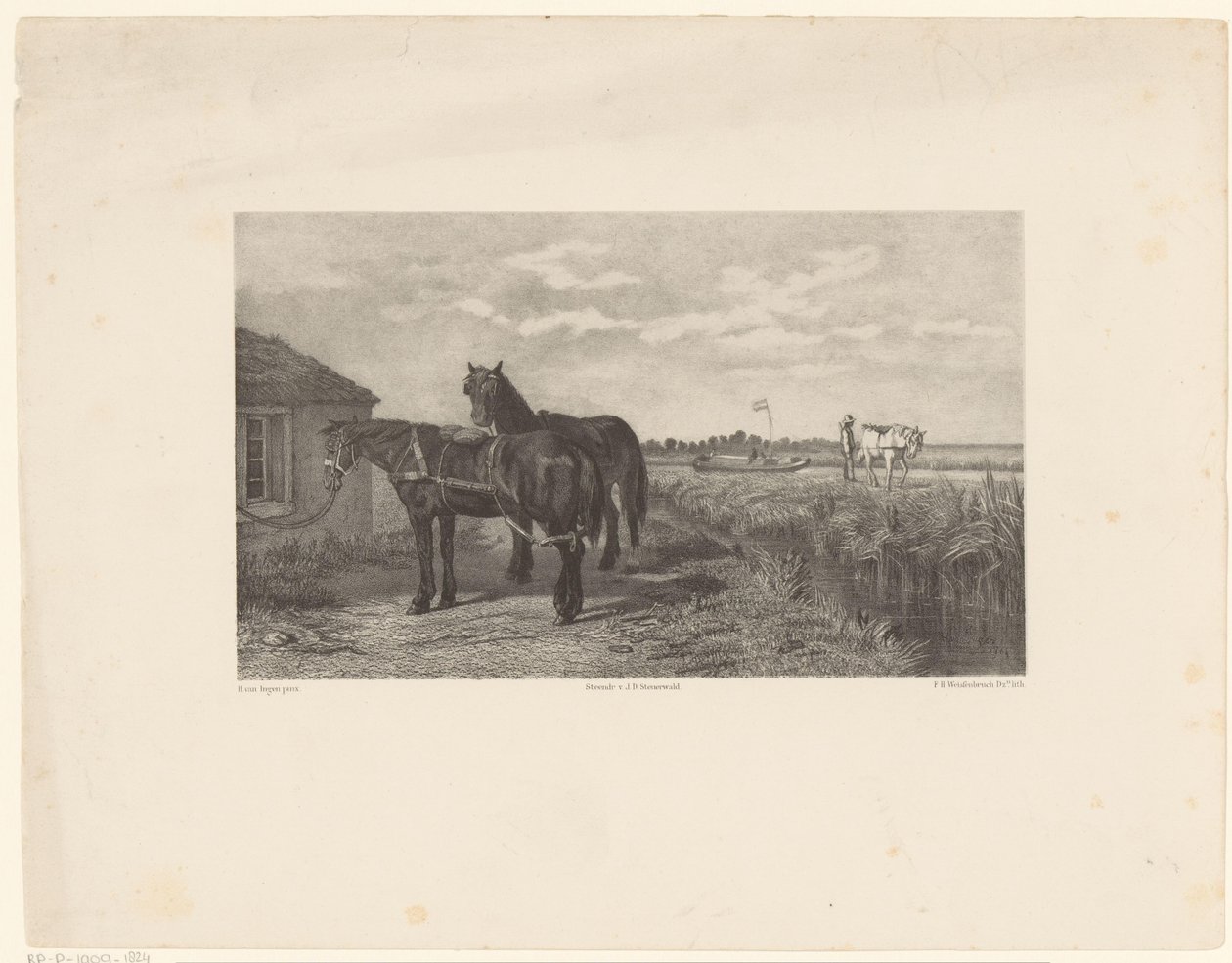Dois cavalos na frente de um celeiro de Frederik Hendrik Weissenbruch