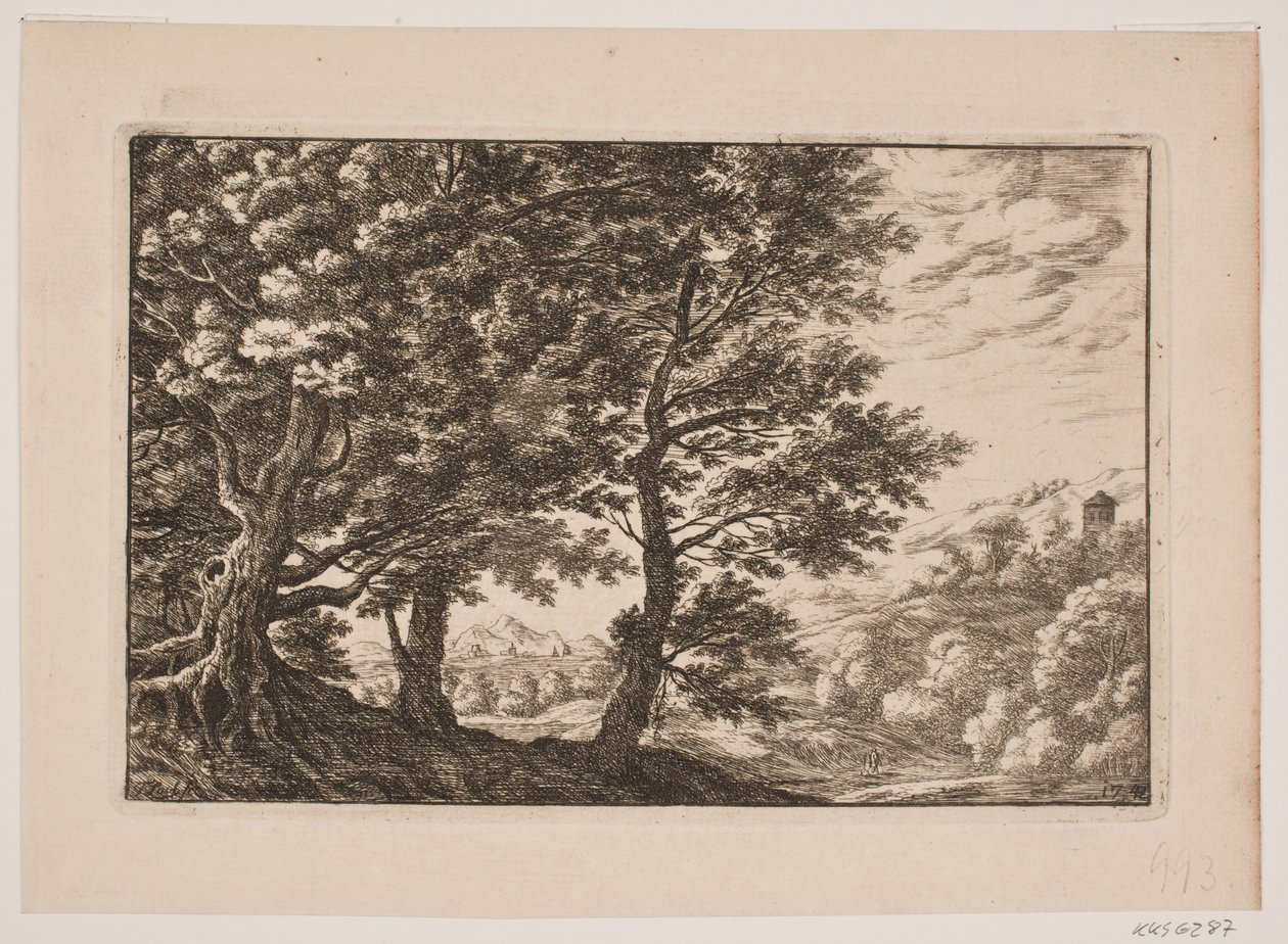 Paisagem montanhosa com grandes árvores de Frederik Laub