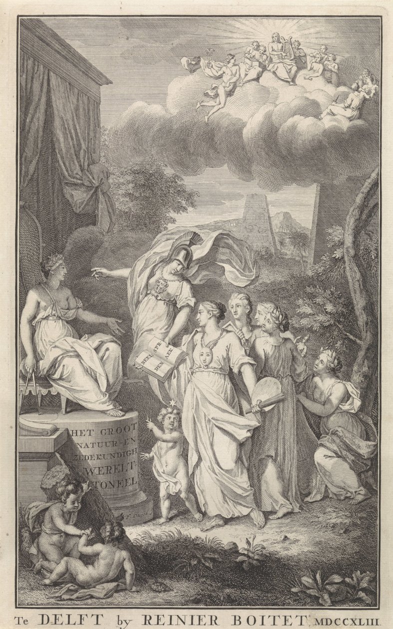 Minerva e as Artes em frente de uma figura entronizada
Página de título para: Het Groot Natuur- en Zedekundigh Wereldtoneel, Delft, R. Boitet, 1743 de Frederik Ottens