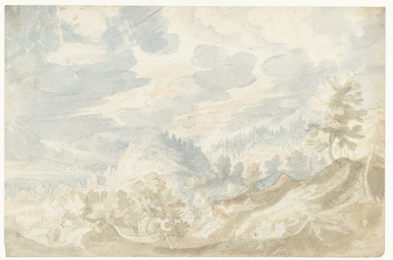 Paisagem de montanha com vista para um vale (do Danúbio?) e uma torre de igreja de Frederik van Valckenborch